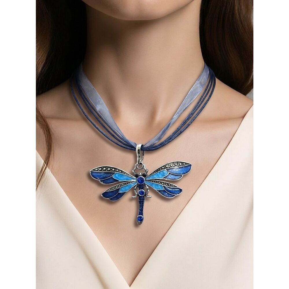 Blue Dragonfly Necklace Rhinestone Choker Pendant Fairy Cottagecore Whimsy Gift